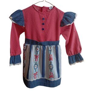 Vintage Girls 6 Sears Dress Polka Dot Floral Apron Lace Trim 1970's Boho Hippy